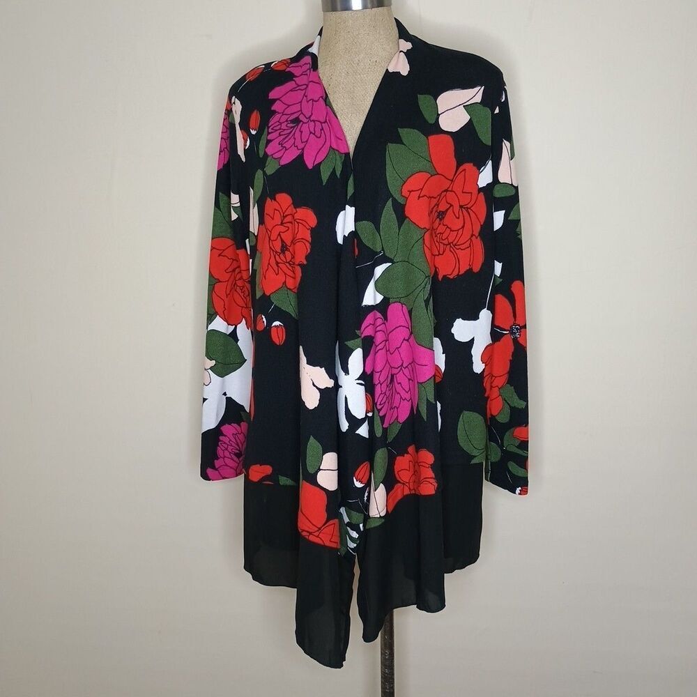 Liz Lange Cardigan Women's Sz S Black Red Floral Stretch Knit Draped Open Front